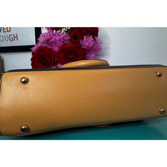 Adrienne Vittadini Studio Striped Satchel Bag - Brown & Yellow Faux Leather - Picture 3 of 4